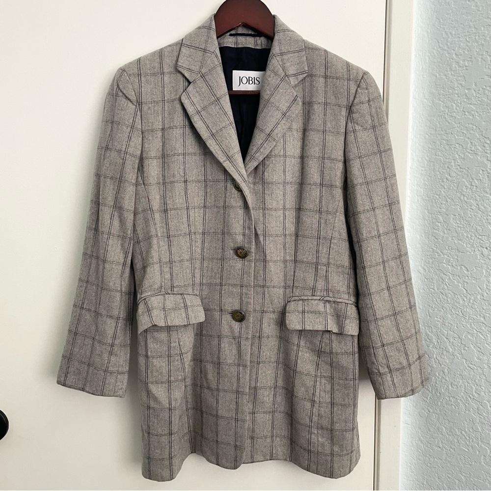 Jobis Gray Plaid 3 Button Oversized Blazer Sz 4 Wollsiegel Wool Made in Germany